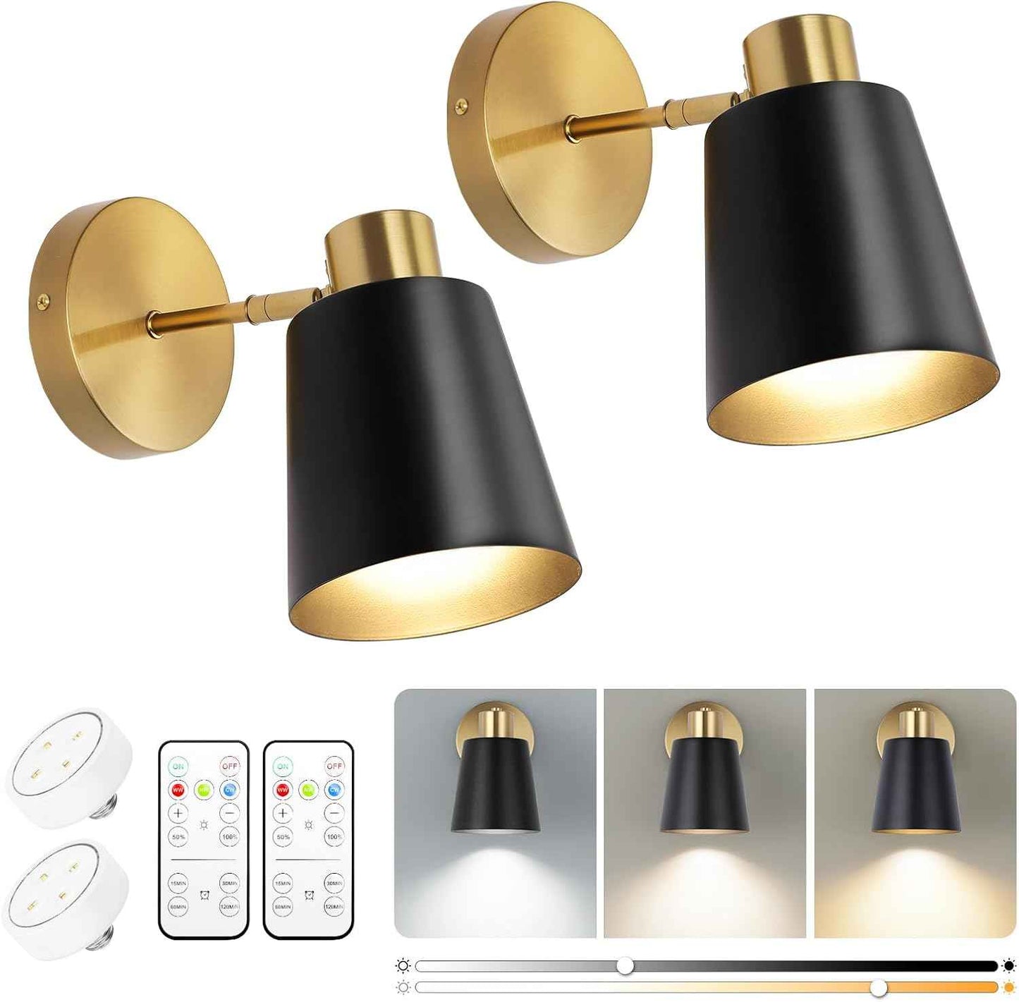 Battery Operated Wall Sconce Set of 2 - Modern Wireless Vintage Black & Gold Lamps with Remote Control for Living Room & Bathroom