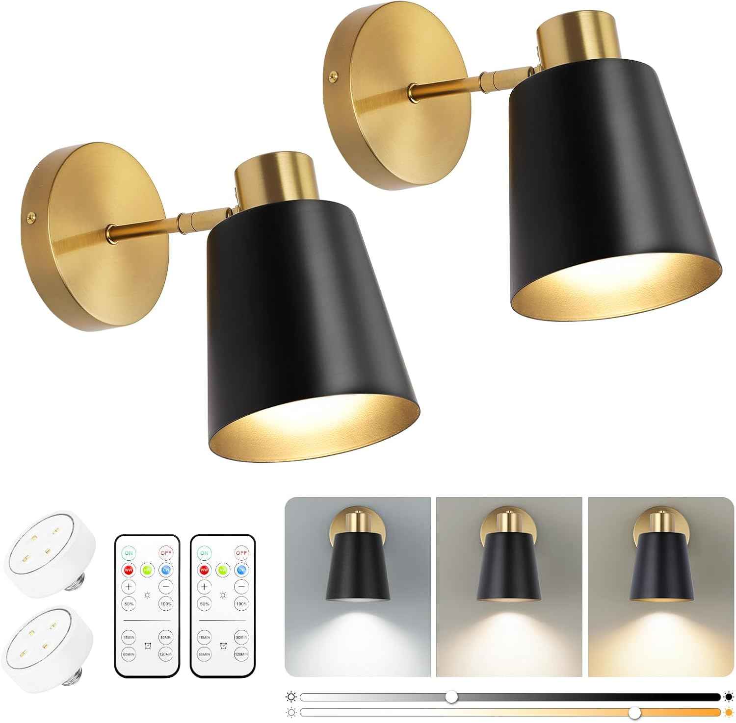 Battery Operated Wall Sconce Set of 2 - Modern Wireless Vintage Black & Gold Lamps with Remote Control for Living Room & Bathroom