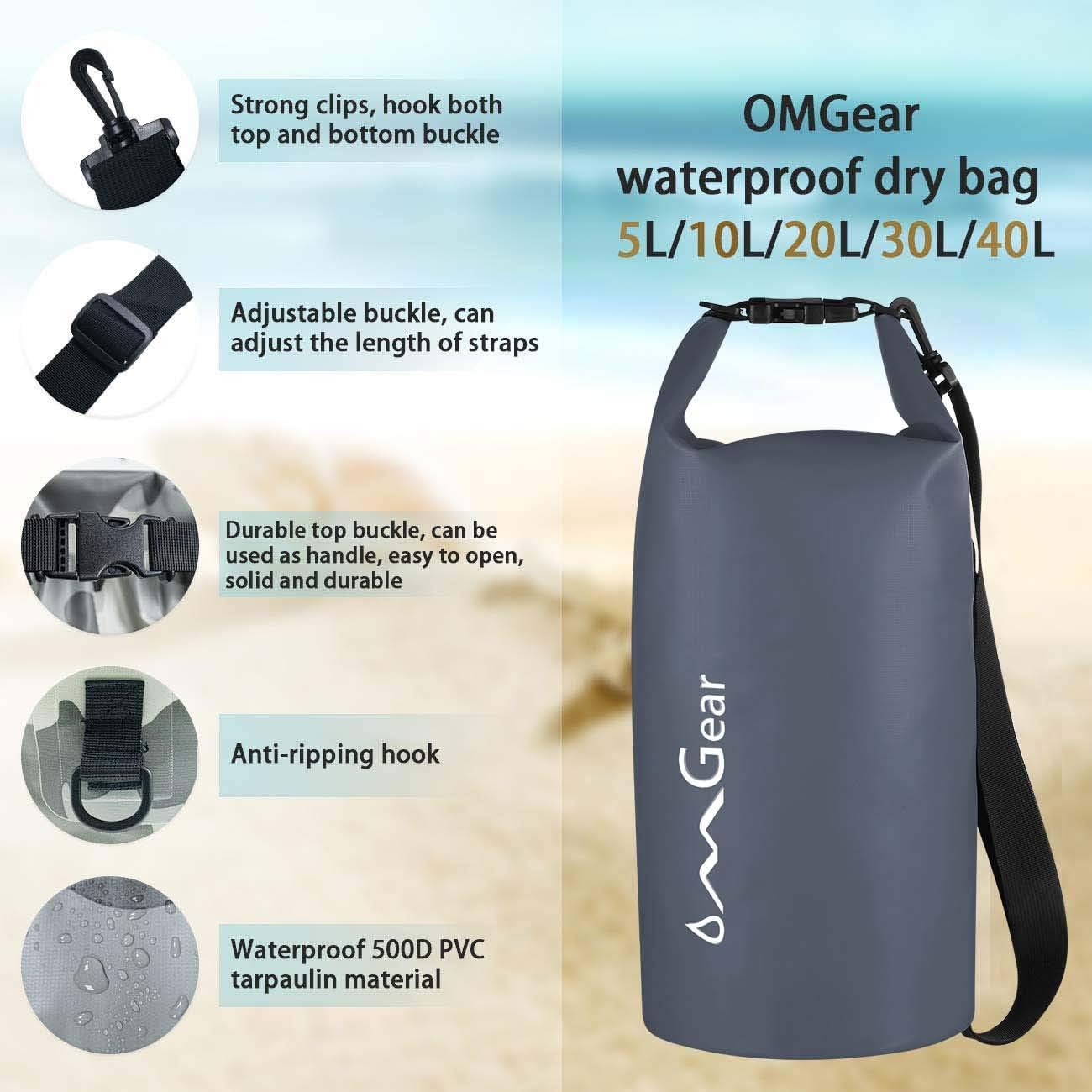OMGear Waterproof Dry Bag Backpack - Floating Phone Pouch for Kayaking & Outdoor Activities | 40L/30L/20L/10L/5L