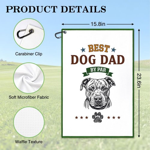 Juoqg Best Dog Dad by Par Golf Towel, Funny Golf Bag Towel with Clip, Dog Lover Golfing Accessories, Fathers Christmas Birthday Retirement Gifts for Golfer Pet Dad, Golfing Gifts for Pet Owner Friend