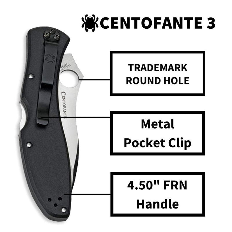 Spyderco Centofante 3 Folding Pocket Knife with 3" VG-10 Steel Blade and FRN Handle - EDC Knife for Men and Women, Perfect for Hunting, Tactical, Camping, Survival, Hiking - PlainEdge - C66PBK3