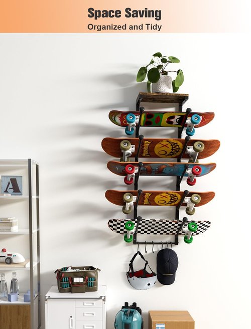 Koutemie Skateboard Rack Wall Mount with Five-Layer Skate Board Stand for Storage Longboard Deck Organizer, Skateboard Wall Display Hanger Holder with 6 Hooks for Home or Garage
