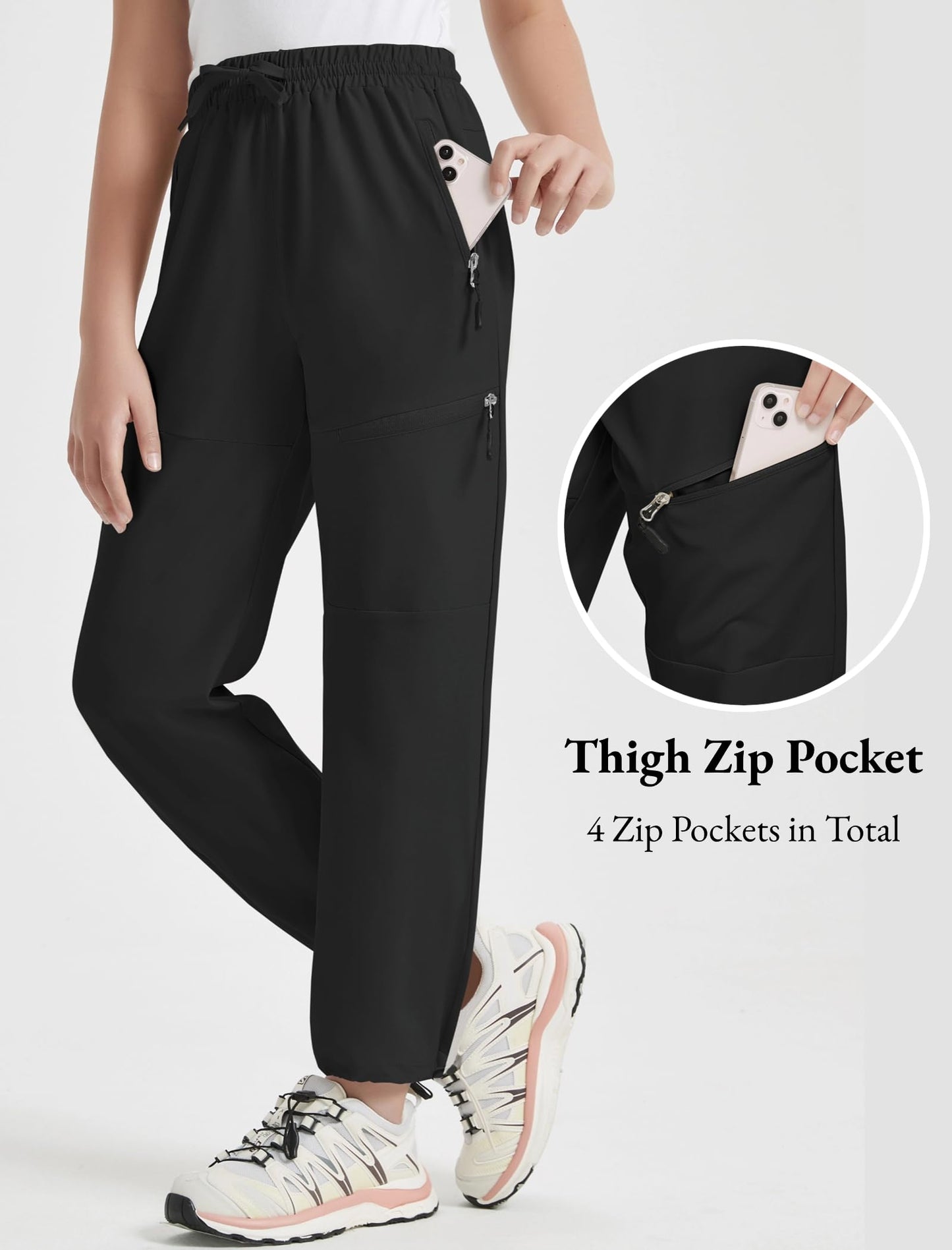 EXARUS Girls Hiking Pants Kids Quick Dry Waterproof Cargo Lightweight Athletic Summer Camp Joggers High Waisted Zip Pockets Black 12Y