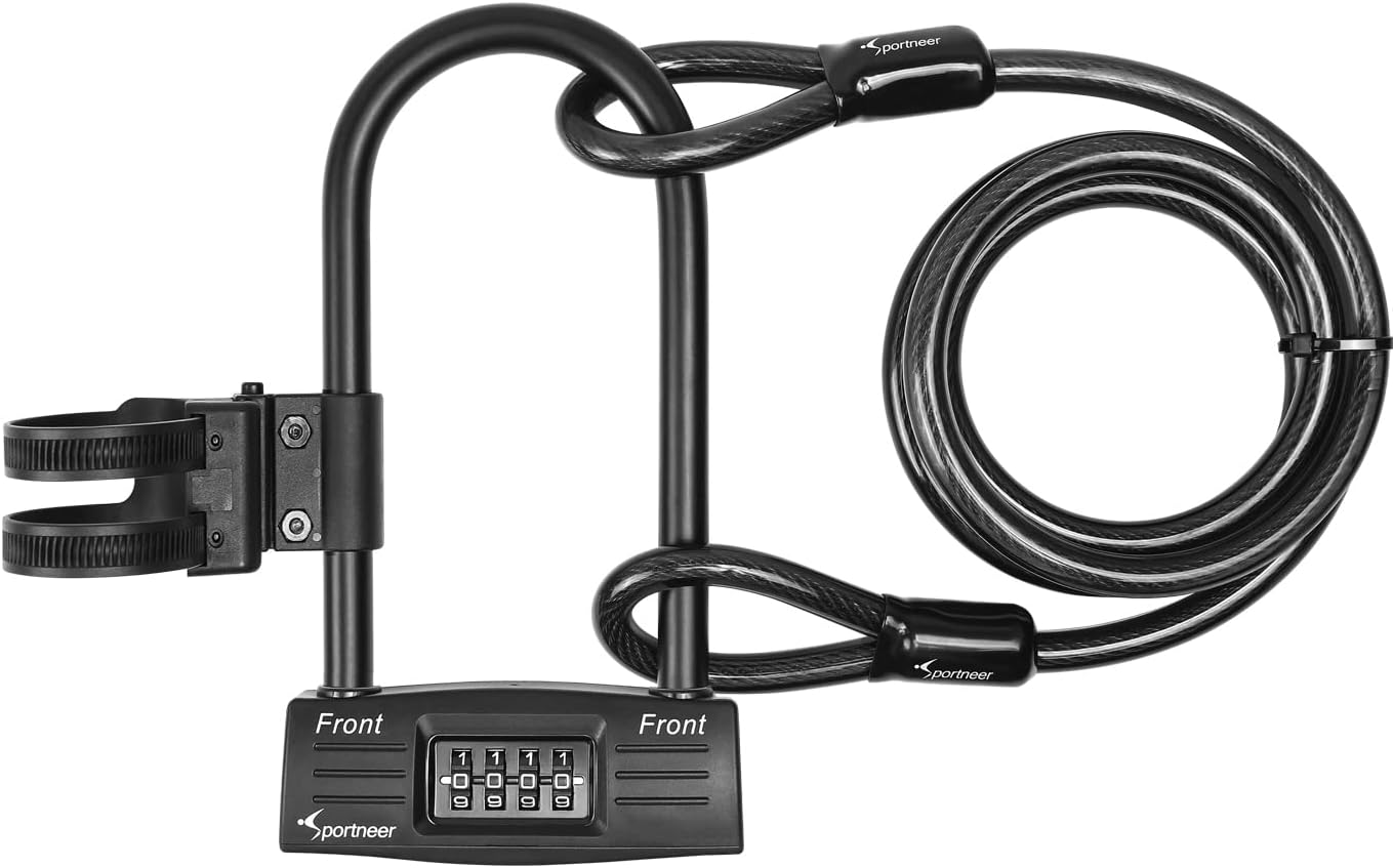 Sportneer Bike Lock - Heavy Duty 14mm Keyless Combination U-Lock with 5ft Security Cable | 9.05''x4.9''
