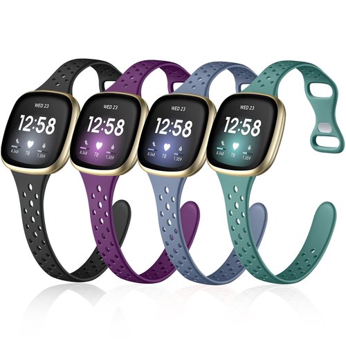 Laffav 4 Pack Bands Compatible with Fitbit Versa 3/ Versa/Sense//Sense 2 Band for Women Men, Slim Soft Silicone Sport Strap Replacement Wristband (Large, Black/Pine Green/Purple/Blue Gray)