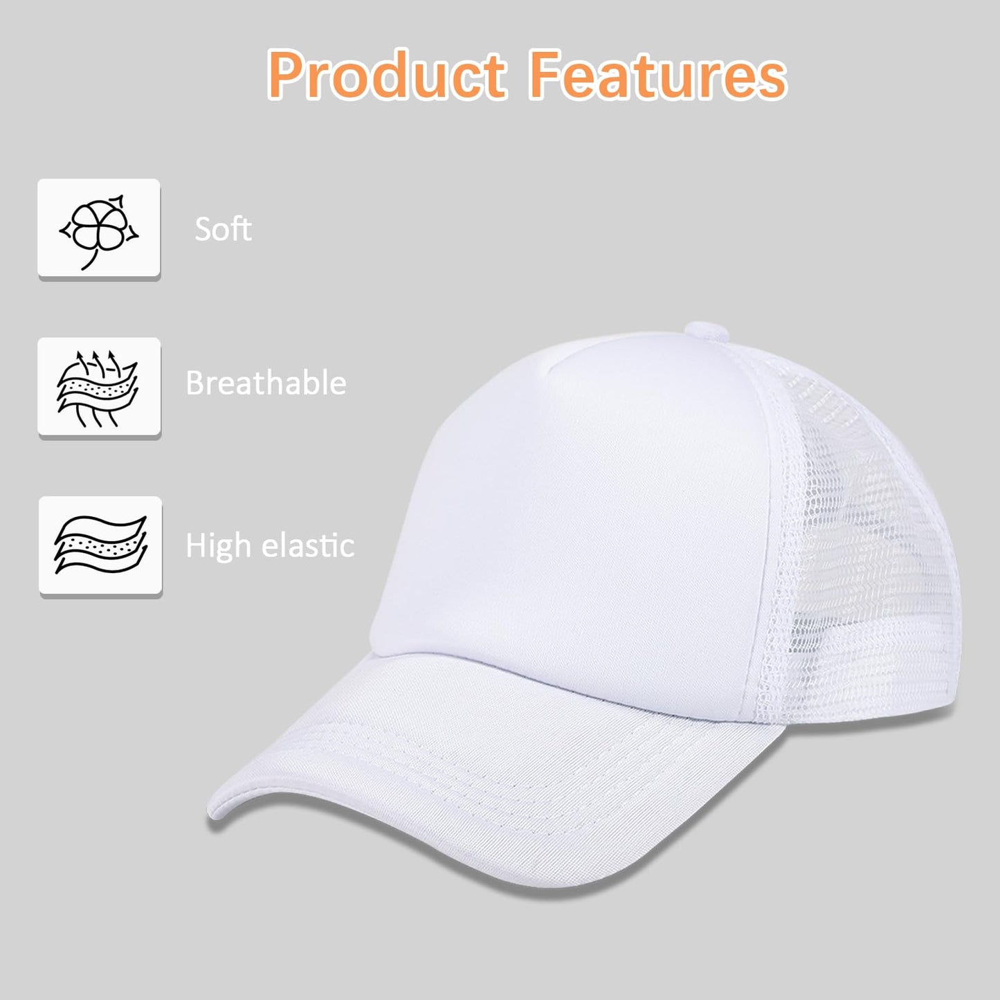 OKBA 5 Pack Sublimation Blank Baseball Cap Polyester Mesh Trucker Hat Adult (US, Alpha, Medium, 3X-Large, Standard, 5PCS*White ha)