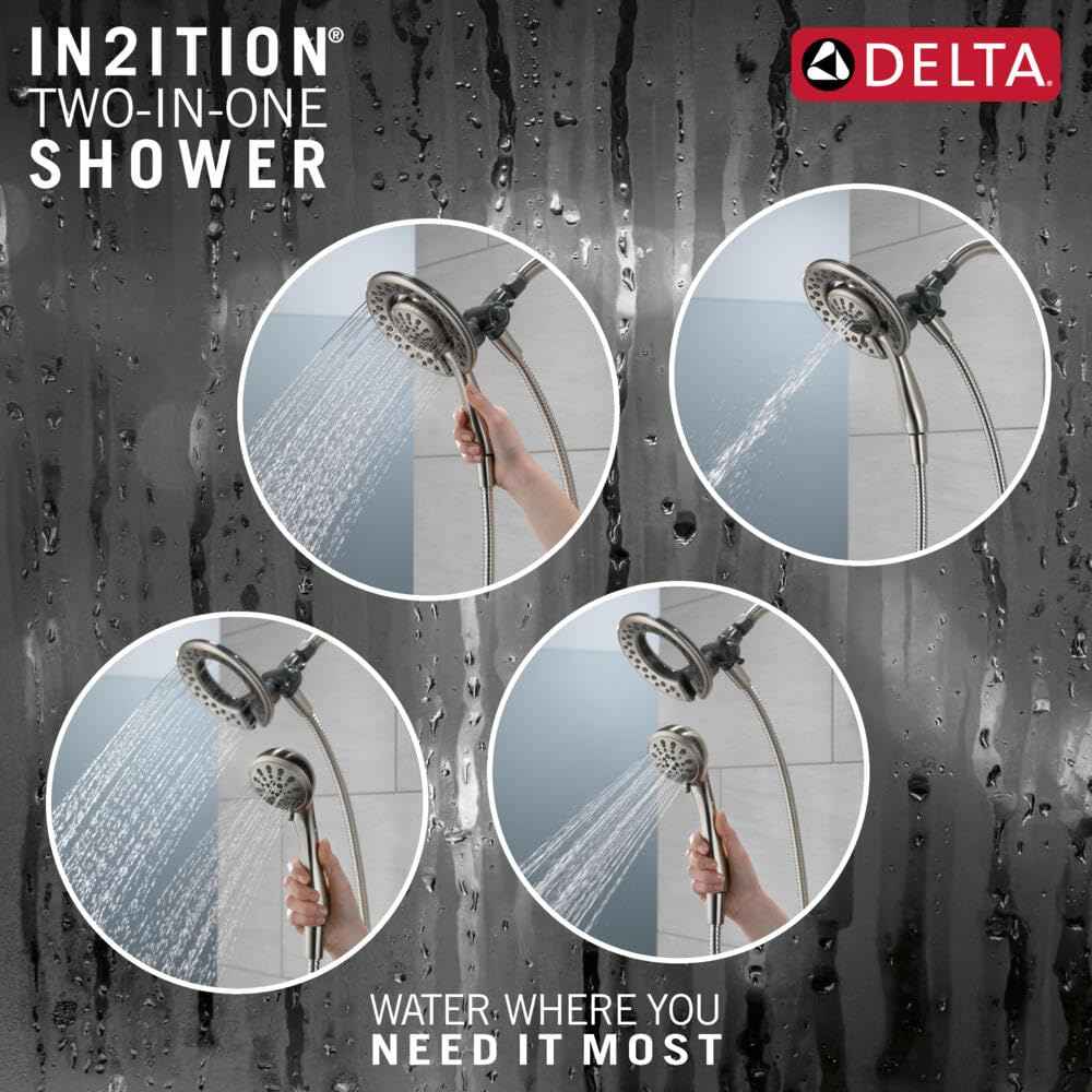 Delta 4-Setting In2ition 2-in-1 Dual Shower Head with HandHeld Spray, Brushed Nickel Detachable Shower Head with Hose, Showerhead, 1.75 GPM Flow Rate, SpotShield Nickel 75486CSN
