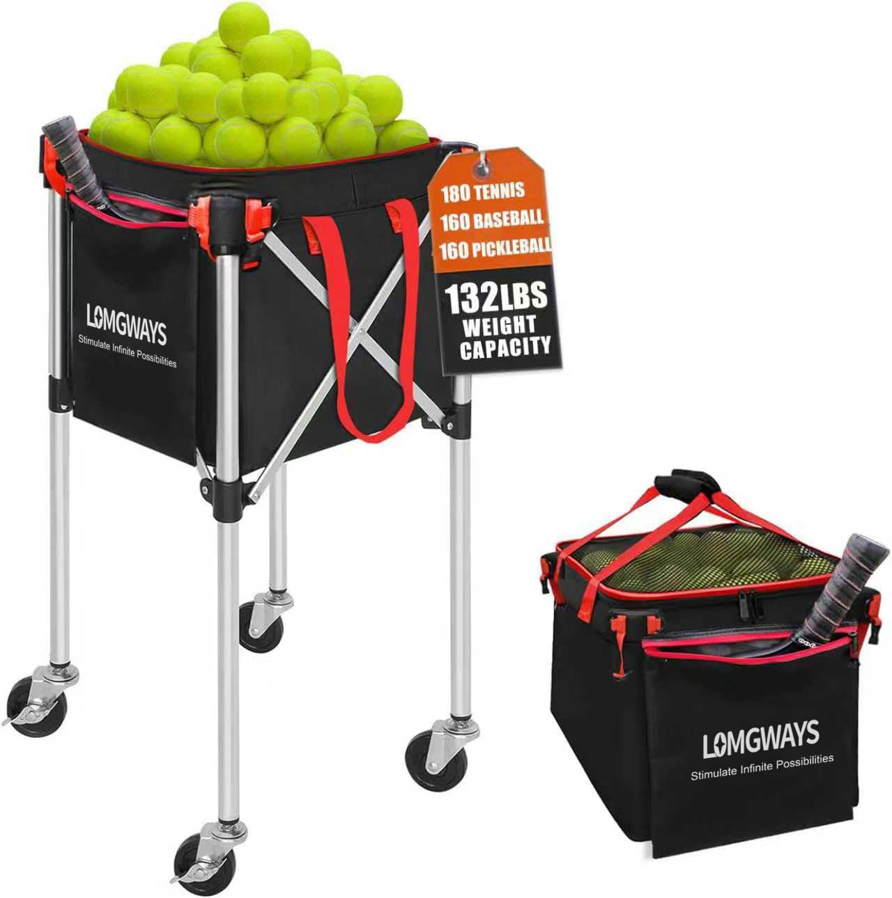 LOMGWAYS Pickleball Tennis Ball Hopper-Foldable Lightweight Tennis Ball Cart Holds 180 Tennis with Removable Bag,Wheel,Side Pocket for Training/Teaching, for Tennis/Pickleball/Baseball/Softball