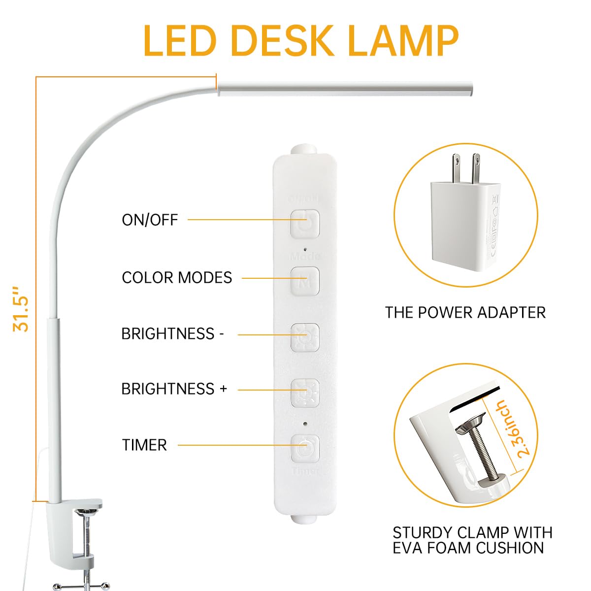 fuaoddda LED Desk Lamp with Clamp, Eye-Protection Clip on Desk Lamp, 5 Modes 10 Brightness Adjustment, 360°Flexible Gooseneck Lamp for Home Office, Lamps with USB Adapter，White