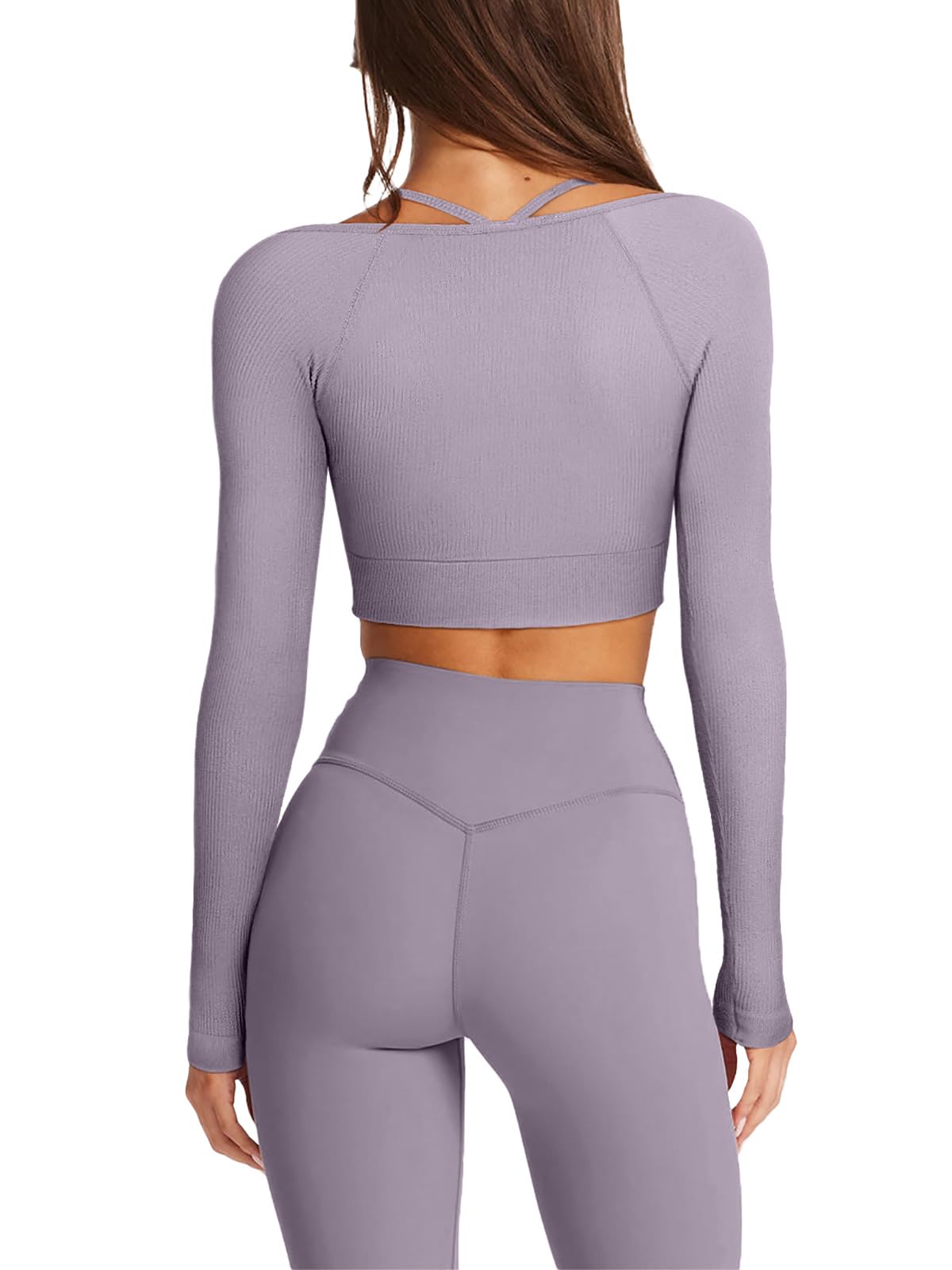 LASLULU Womens Long Sleeve Sports Bra Workout Crop Tops Sexy Ribbed Cropped T Shirts Running Gym Shirts Fall Tops 2025(Hazy Lilac,Small)