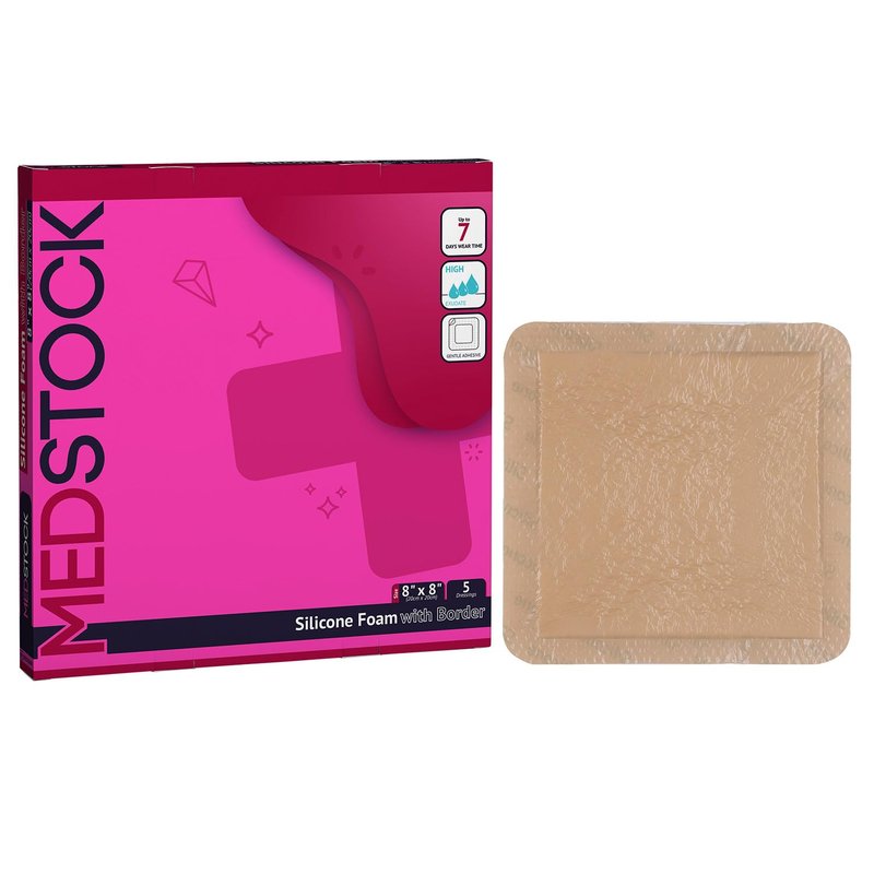 MEDSTOCK Silicone Foam Dressing with Border, 8"x8" (Pack of 5), Wound Care, Super Absorbent, Atraumatic Removal, Five Layers, Waterproof, Seals Wound Edges, No Adhesion Loss