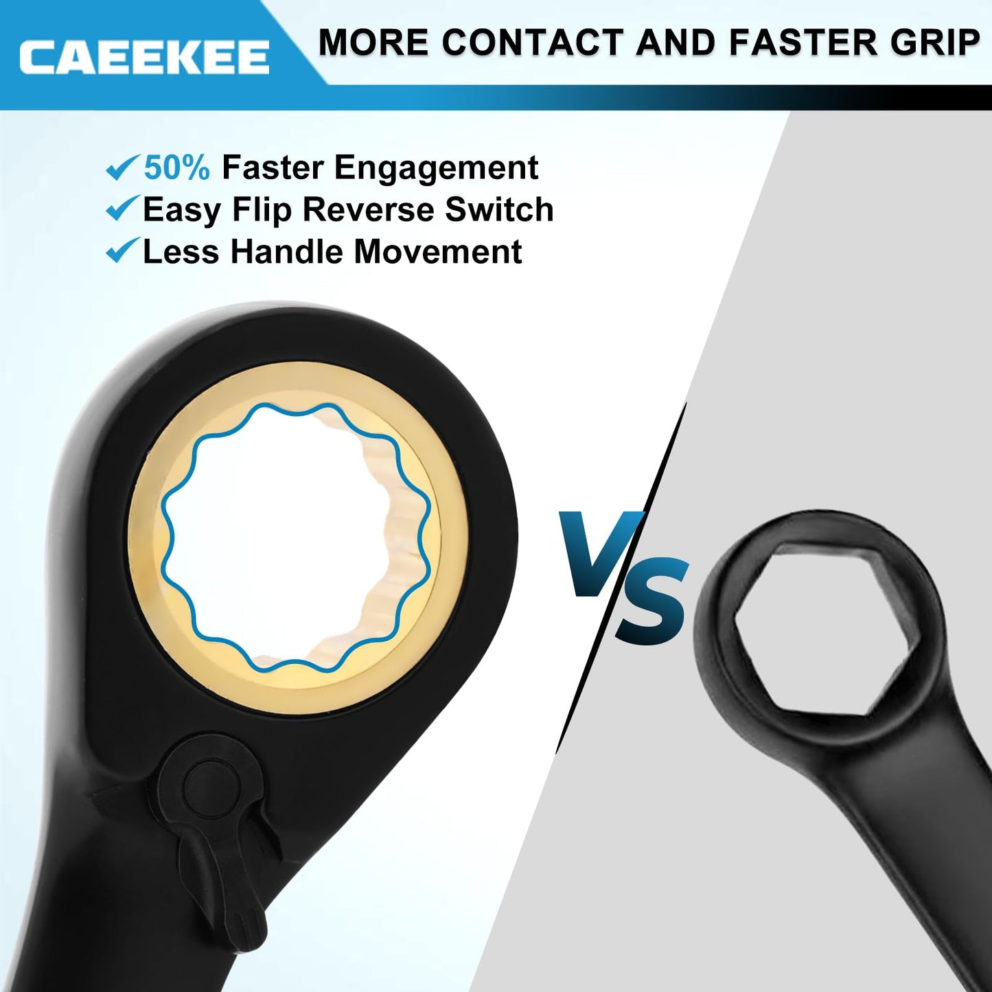 CaeeKee 20PCS 72-Tooth Reversible Ratcheting Combination Wrench Set, Metric & SAE, 8mm - 19mm, 5/16" - 3/4", 12 Point, CR-V Steel, With Organizer Box