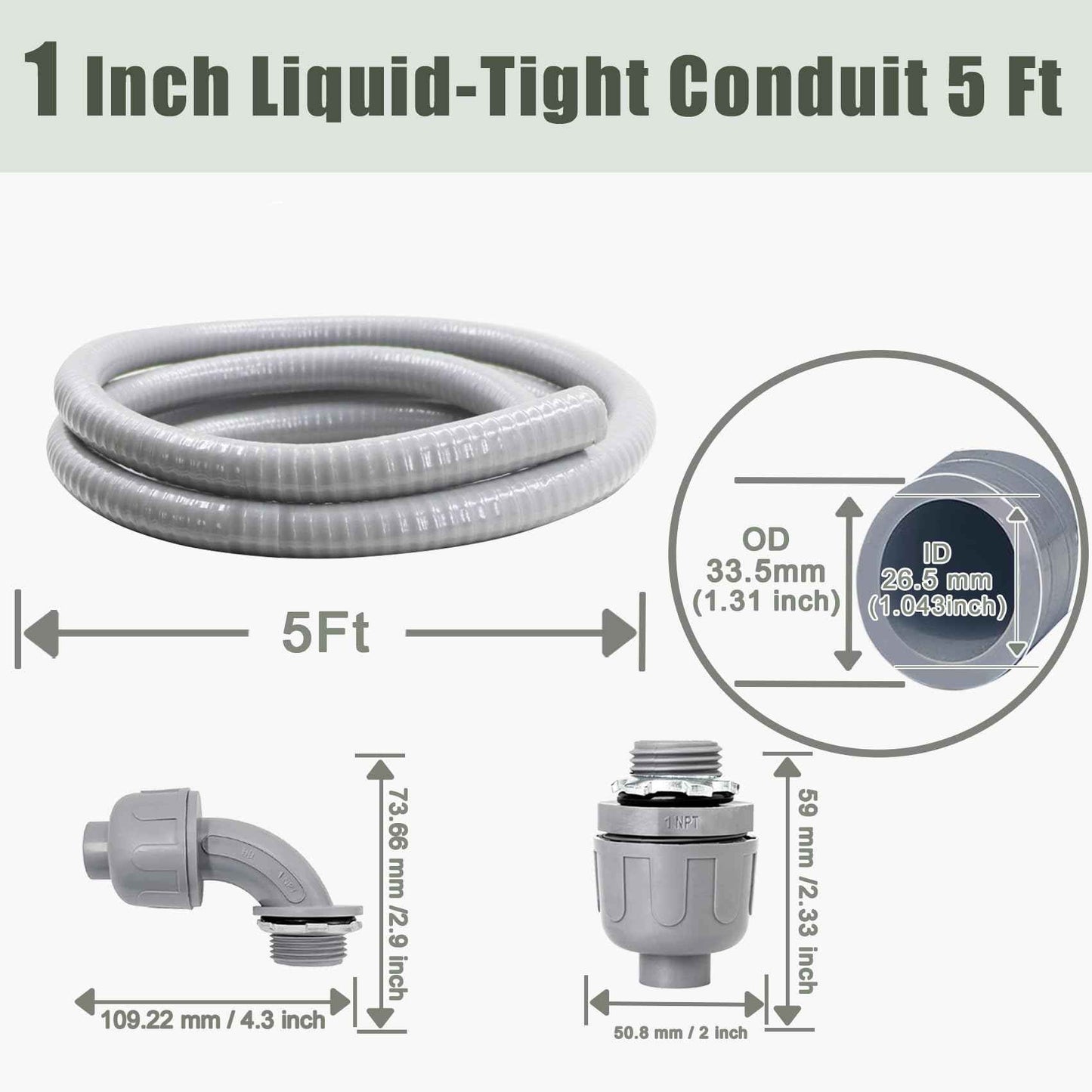 Feotech 1 Inch 5 FT Non Metallic Liquid-Tight Conduit and Connector Kit - Includes 1 Straight and 1 Angle Fittings for Electrical Wiring