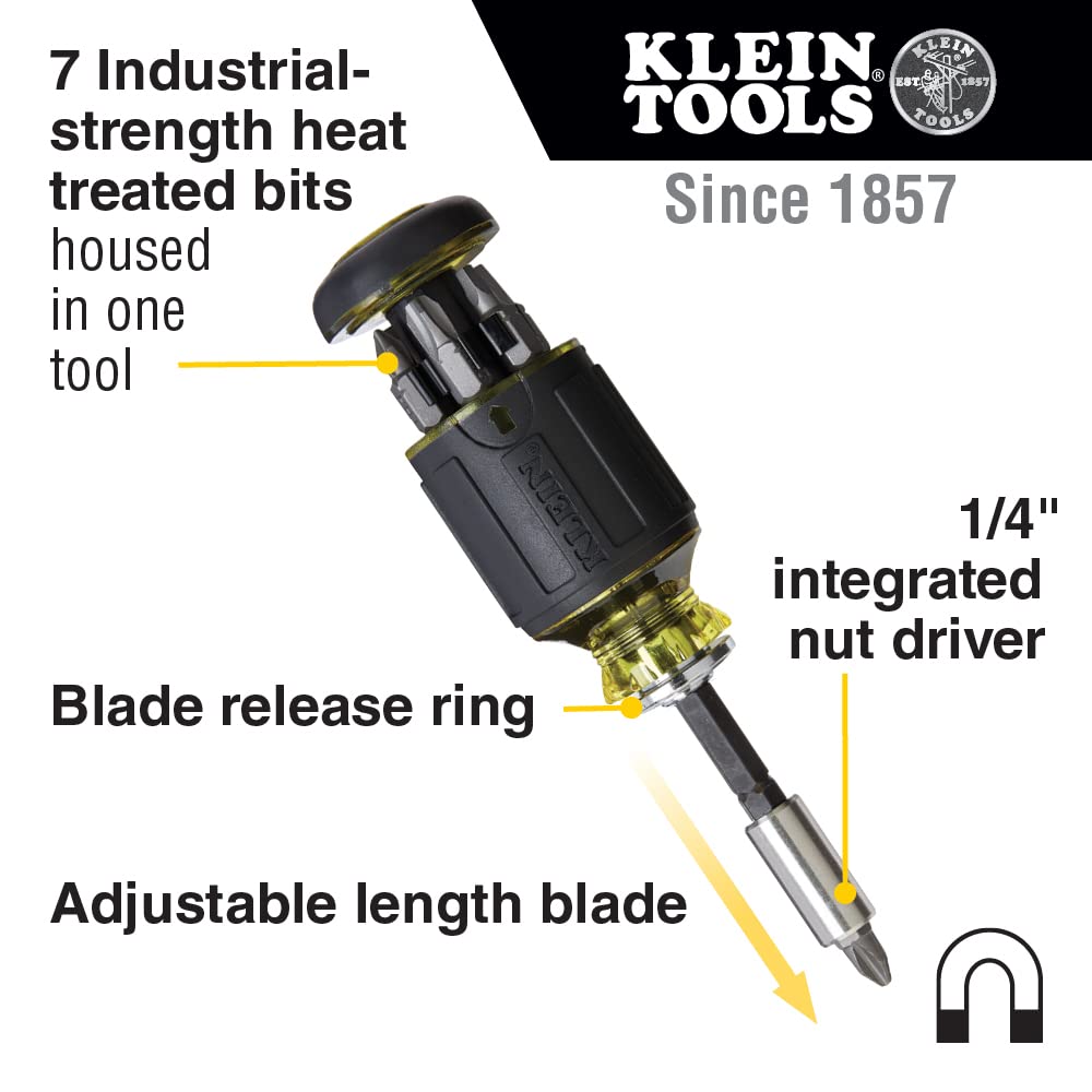 Klein Tools 32308F Impact Driver Set, 10-in-1 Stubby Screwdriver Driver Set, Hex Flip Socket, 7 Bits, 1/4-Inch Bit Holding Feature, 10-Piece