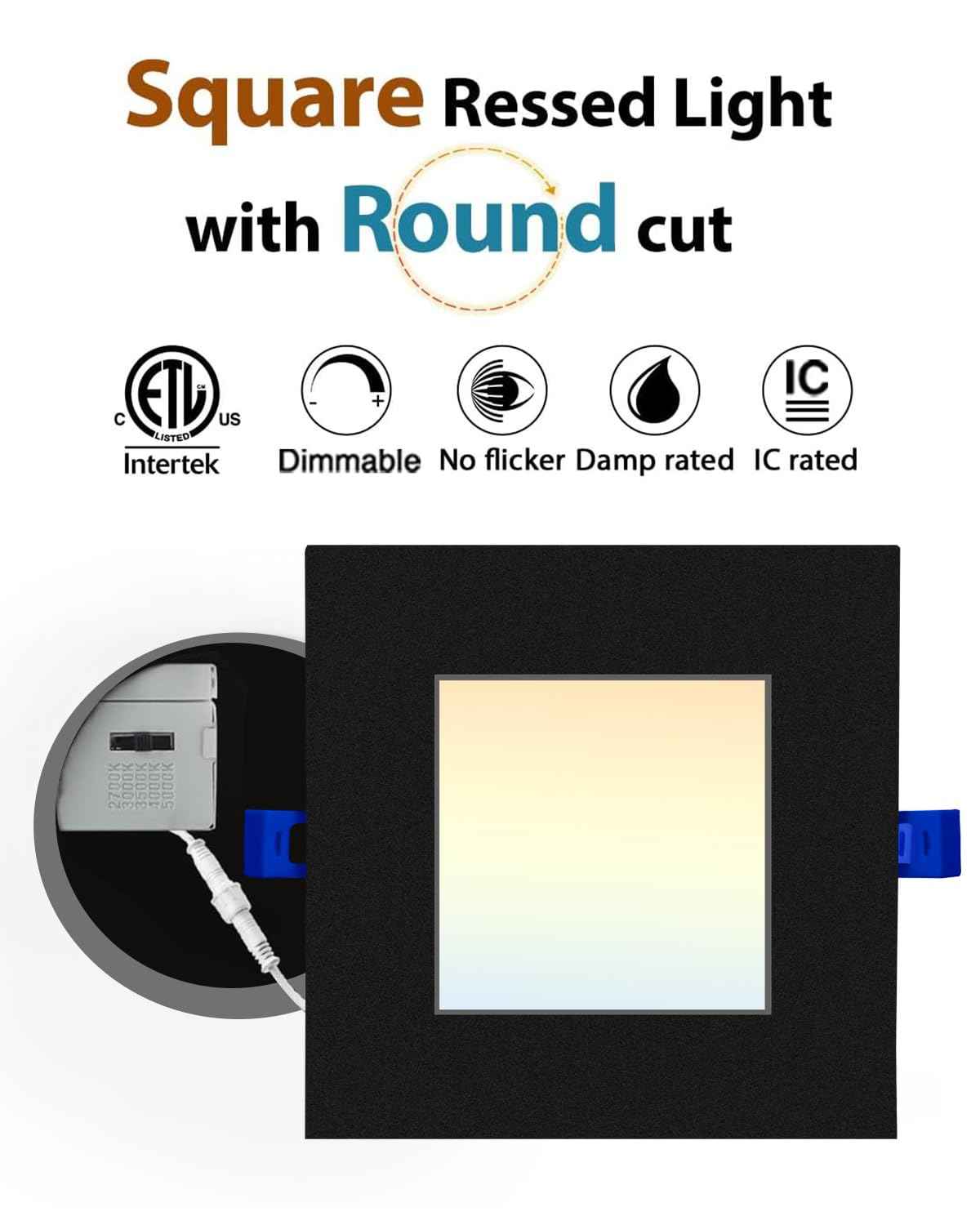 Adetu 6 inch Square Led Recessed Lighting Black,5CCT Ultra Thin Square Led Ceiling Light with Junction Box,14W 1190lm,2700K/3000K/3500K/4000K/5000K Dimmable Downlight,ETL and Energy Star Certified