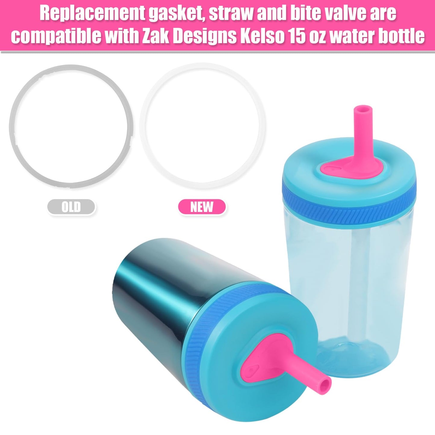 3pcs Replacement Straws with Bite Valve for Zak Designs Kelso Kids 15oz, BPA Free Reliable Straw Cup Accessories with Zak Designs and Reusable Gaskets Brush for Water Bottles (Pink)