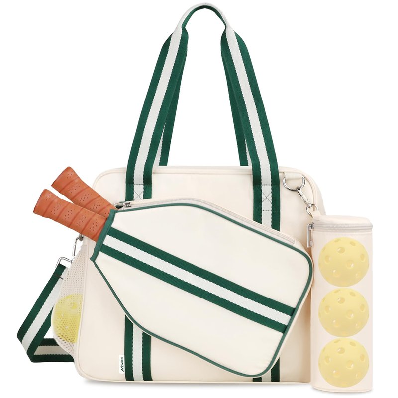 Movker Pickleball Bag for Women 2-in-1 Tote & Crossbody with Fence Hook Holds 2 Paddles & Detachable Ball Bag Court to Street(Beige)