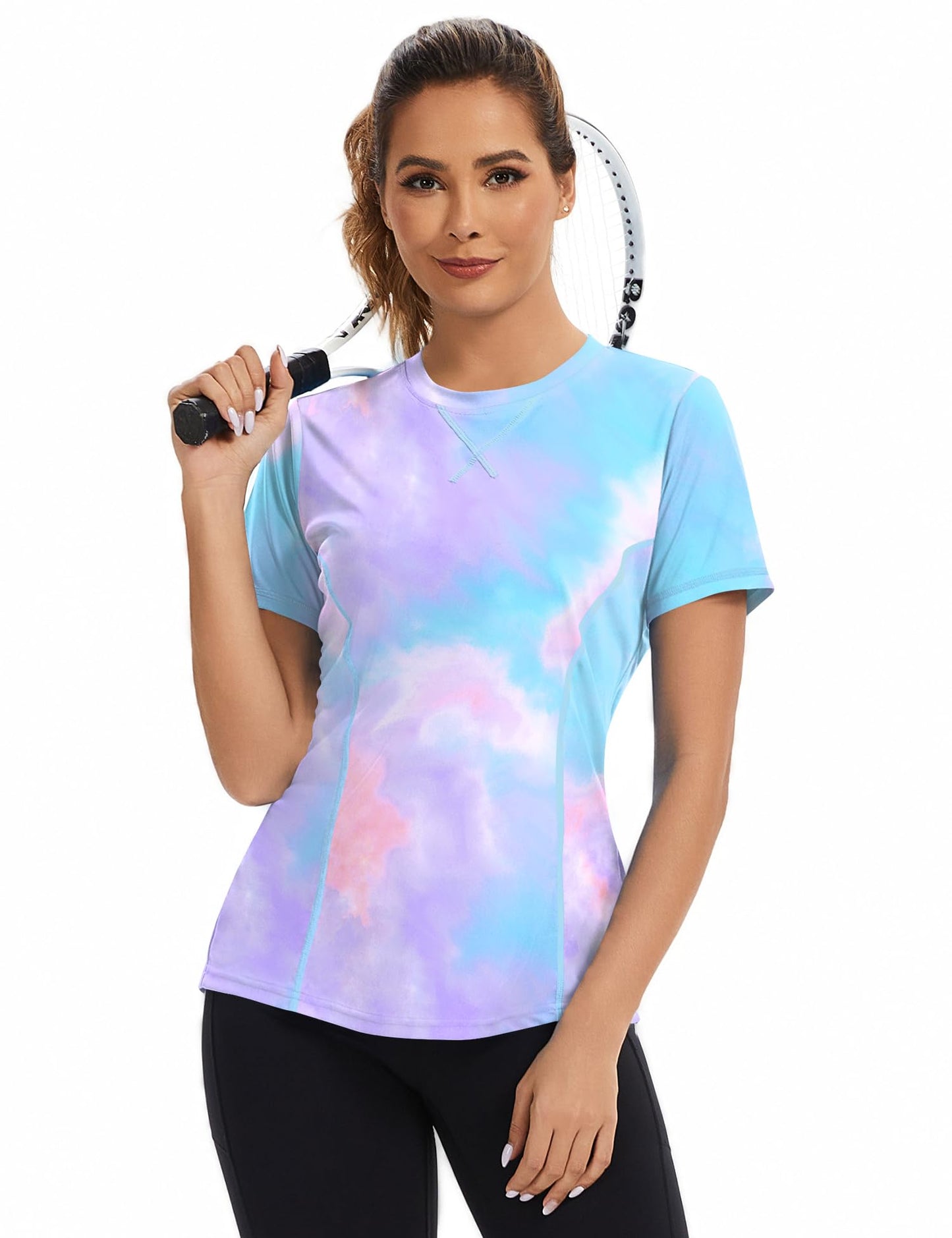Avoogue Short Sleeve Workout Tops for Women Athletic UPF 50+ UV Protection Shirts Rashguard Pilates Gym Shirts(Colorful Tie Dye,L)