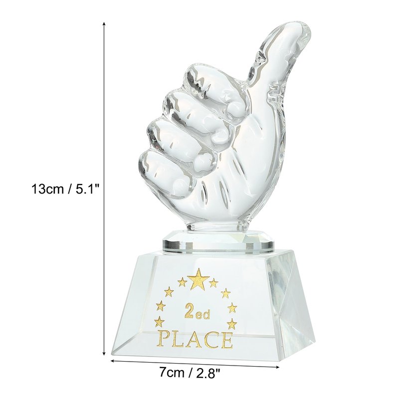 MECCANIXITY Crystal Glass Trophy Thumbs Up, 2ed Place Winner Trophies Award with Box for Desktop Table Decor Tournaments Sports Competitions Paperweight, Clear White Base