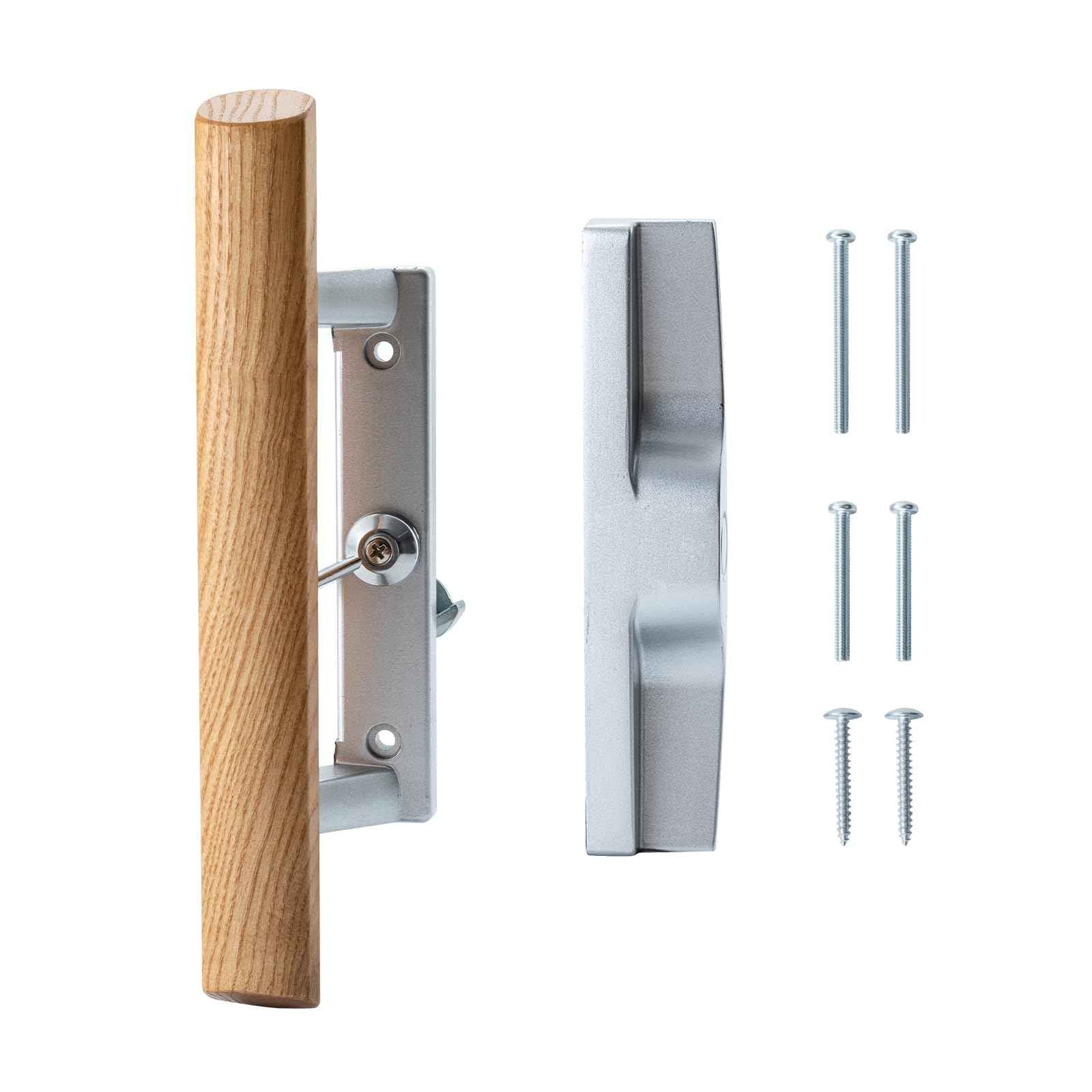 HOME MASTER HARDWARE Patio Sliding Door Handle Set, Non-keyed Sliding Screen Door Handles with Wood Handle, Sliding Door Hardware Fits 3-15/16" Hole Spacing