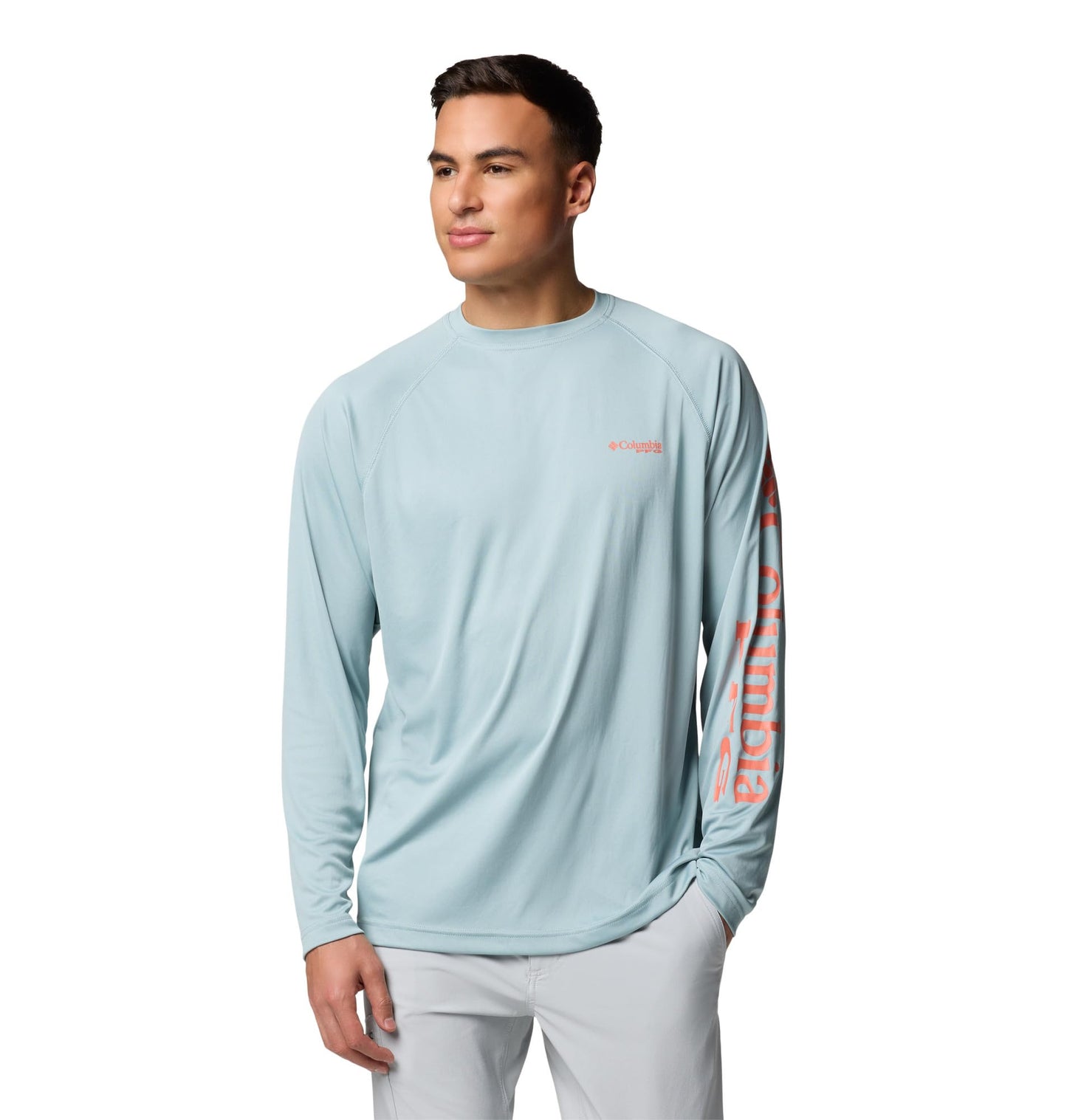 Columbia Men's PFG Terminal Tackle Long Sleeve Fishing Shirt, Crushed Blue/Faded Peach Logo, 3X