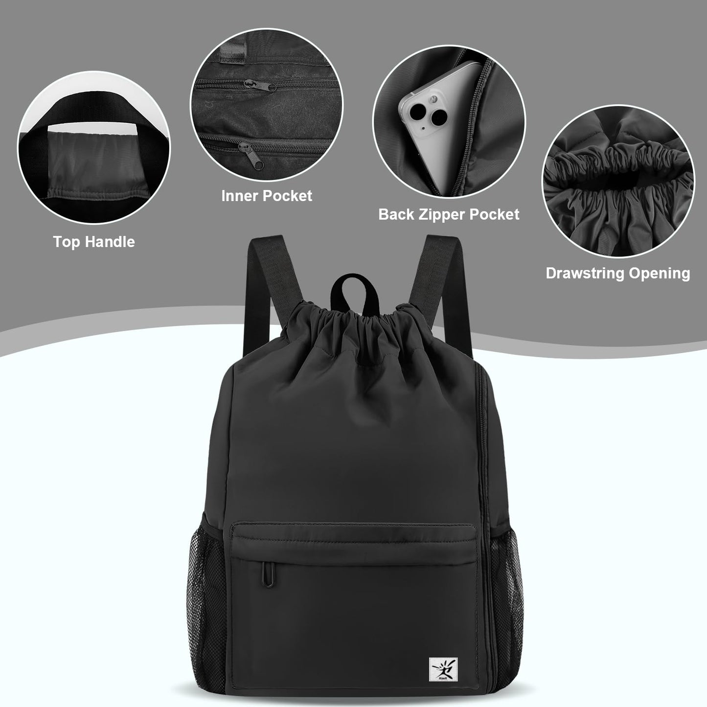Risefit Drawstring Backpack with Mesh Pockets String Gym Bag Sackpack Sandproof Water Resistant Beach Backpack for Men Women