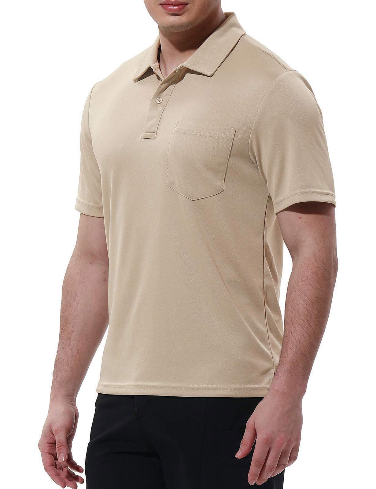 Rdruko Men's Polo Shirts with Pocket Quick Dry Short Sleeve Moisture Wicking Golf Polo Shirt with Pocket(Khaki, US S)