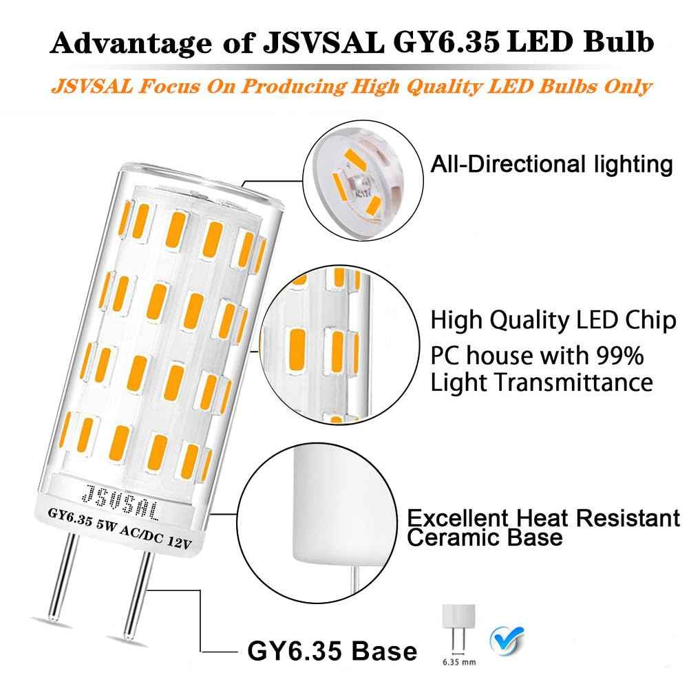 JSVSAL GY6.35 LED Bulb Dimmable,T4 JC Type GY6.35/G6.35 Bi-pin Base,AC/DC 12V Warm White 2700K 5W Equivalent to 40-50W Halogen Bulb for Pendant Light,Chandelier,Desk Light,Landscape Lighting,6-Pack