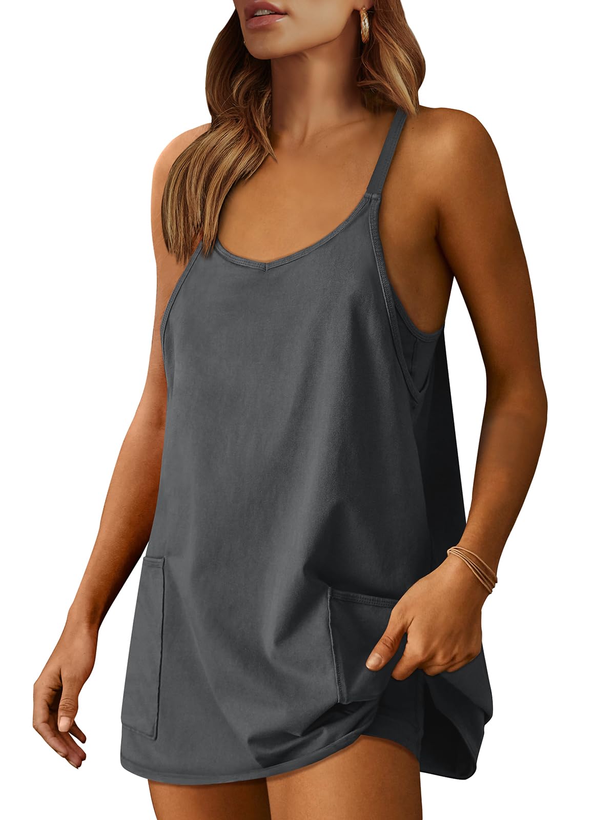 ANRABESS Women Athletic Dress Summer Tennis Workout Active Sports Mini Romper Dress Built in Shorts Travel Vacation Clothes Gray Small