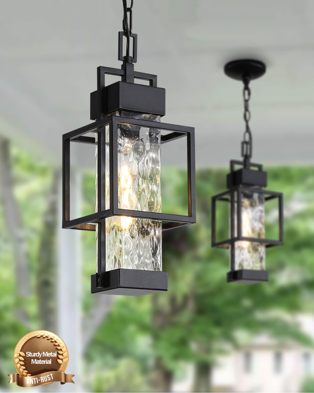 Zinola Outdoor Pendant Light for Porch, Waterproof Hanging Ceiling Lantern with Water Glass, Black Exterior Light Fixture for Front Door Gazebo Entryway, E26 Base, LED Bulb Included