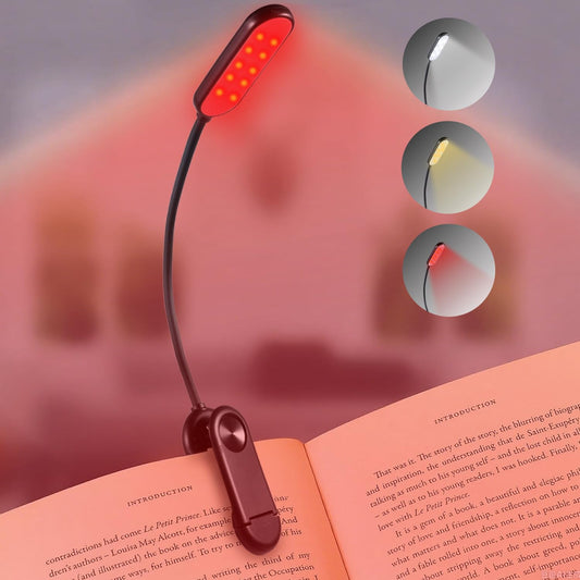 Finezeal 625nm Red Book Light - Rechargeable Clip On Red Reading Light Therapy for Sleep - No Blue-Light, Poratble LED Book Lamp, Gift for Kids Students Travel Nursing Studying - 3 Adjustable Modes