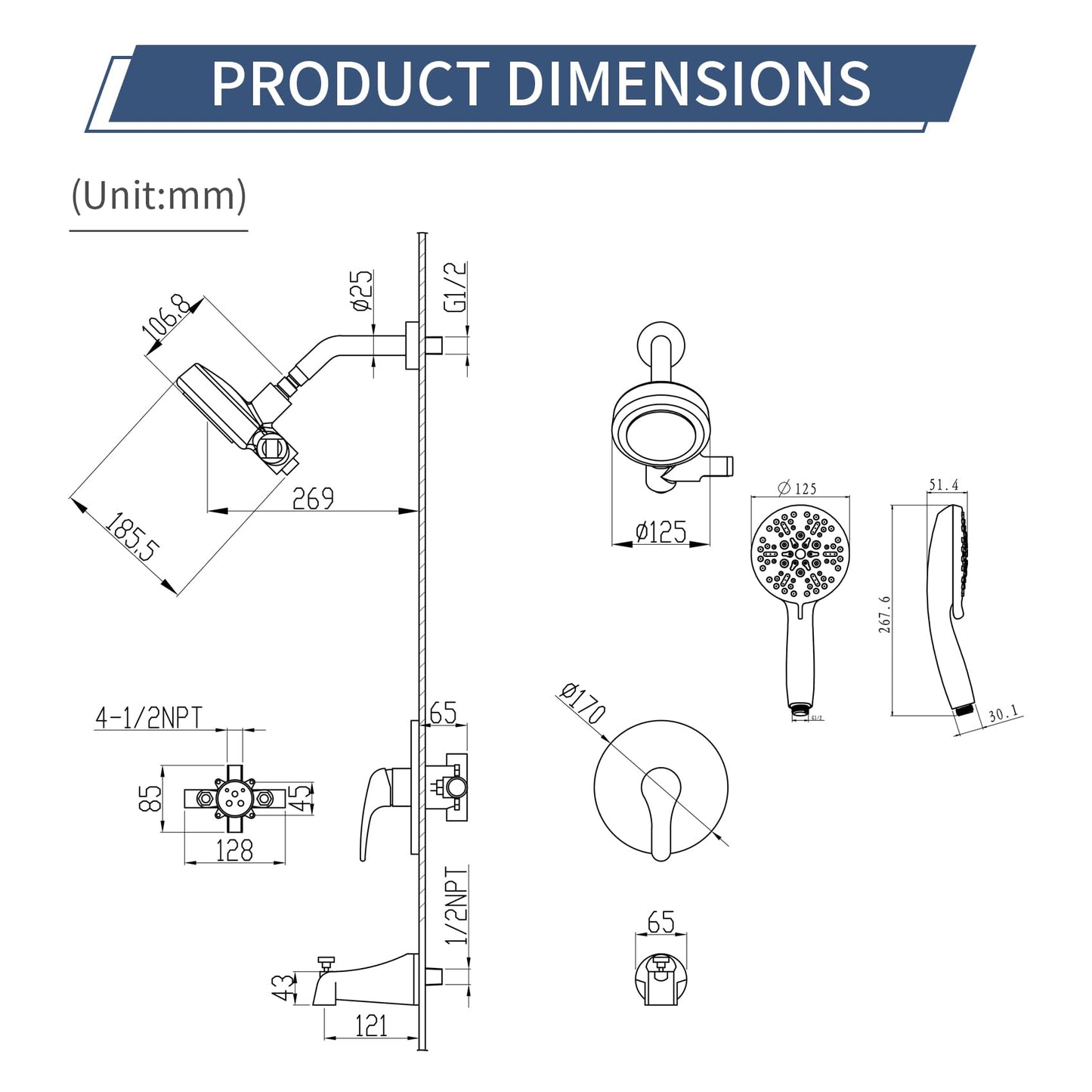 Taplong Tub Shower Faucet Set with Valve,Dual Shower Head and Handheld 2 in 1 Combo Set 3-Way Diverter Tub and Shower Faucet Combo High Pressure Shower Trim Kit,Matte Black,TP038