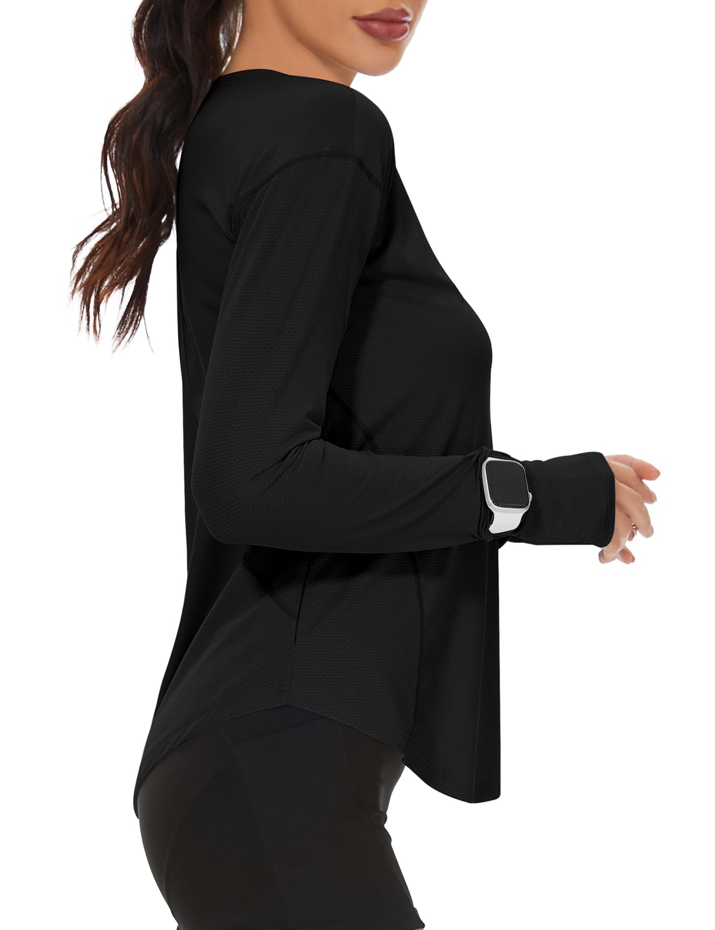 Loovoo Long Sleeve Running Tops for Women UPF 50+ Sun Shirts with Pocket Quick Fit Workout Shirt Boat Neck Yoga Tops Activewear Black Large