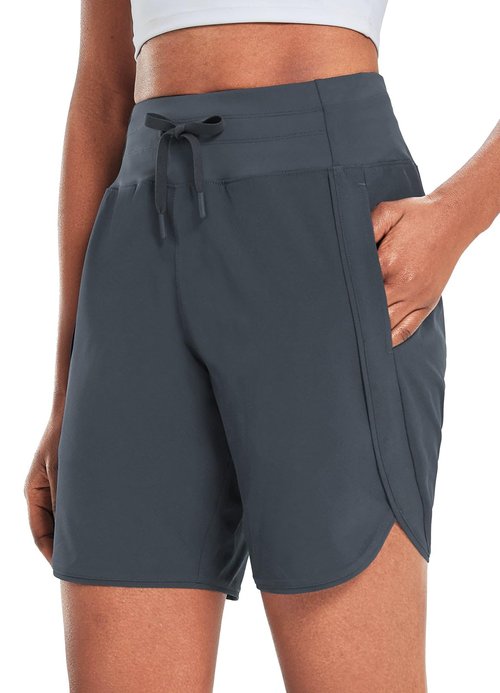baleaf Women's 7" Athletic Long Running Shorts Workout Gym Quick Dry Hiking Shorts High Waisted Zipper Pocket Dark Gray L