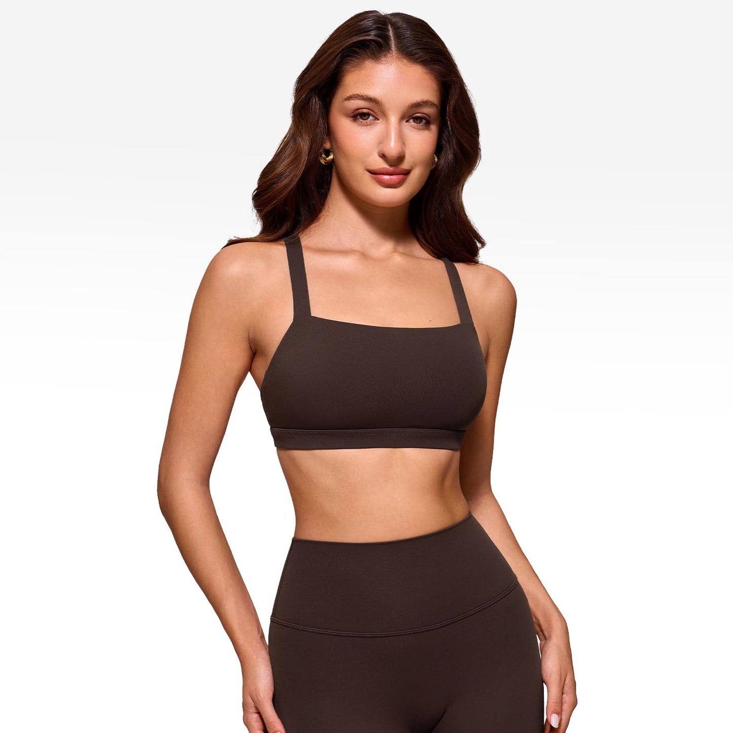 INGIA Women's Square Neck Sports Bra Strappy Criss Cross Wide Straps Workout Padded Cami Yoga Bra Gym Pilates Top Hot Fudge Brown Small