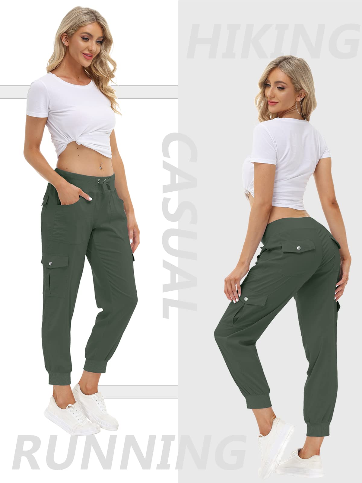 MoFiz Women's Hiking Pants Cargo Joggers Sweatpants with Pockets Lightweight Quick Dry Outdoor Summer Casual Athletic Elastic Waist Army Green 3XL