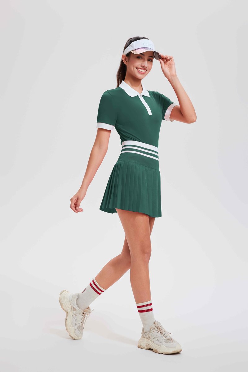 Tennis Skirt Sets for Women Zipper Color Block High Waisted Golf Polo Two Piece Skirt Set Women 2 Piece Outfits Green