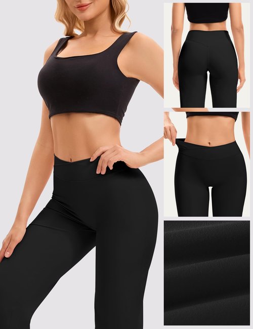 Ieumaz Straight Leggings for Women V Crossover High Waisted Wide Leg Yoga Pants Stretch Casual Gym Workout Yoga Pants Black