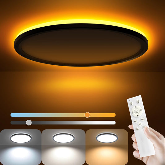AmazeFan 12Inch LED Flush Mount Ceiling Light with Remote Control, Dimmable Night Light 1800K 3000K/4000K/6500K 24W 2400lm Low Profile Ceiling Lamp for Bedroom LivingRoom Kitchen Hallway-Black
