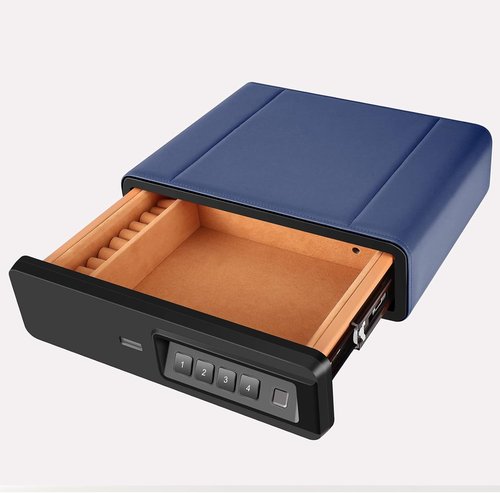 Biometric Fingerprint Safe - Slide-Away Handgun Safe for Pistols | Leather Jewelry Storage - Blue