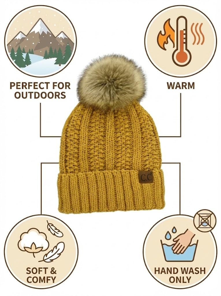 C.C Beanie Women’s Cozy Chenille Pom-Pom Hat — Warm Fashionable Ski-Style Winter Beanie (Beige)