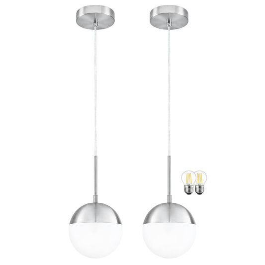 Mccokaige 6 Inch Nickel 2 Pack Mid Century Modern Pendant Light Pendants for Kitchen Island Frosted Milky White Glass Globe Height-Adjustable Modern Hanging Globe Pendant Light for Bedroom (Bulb Incl)