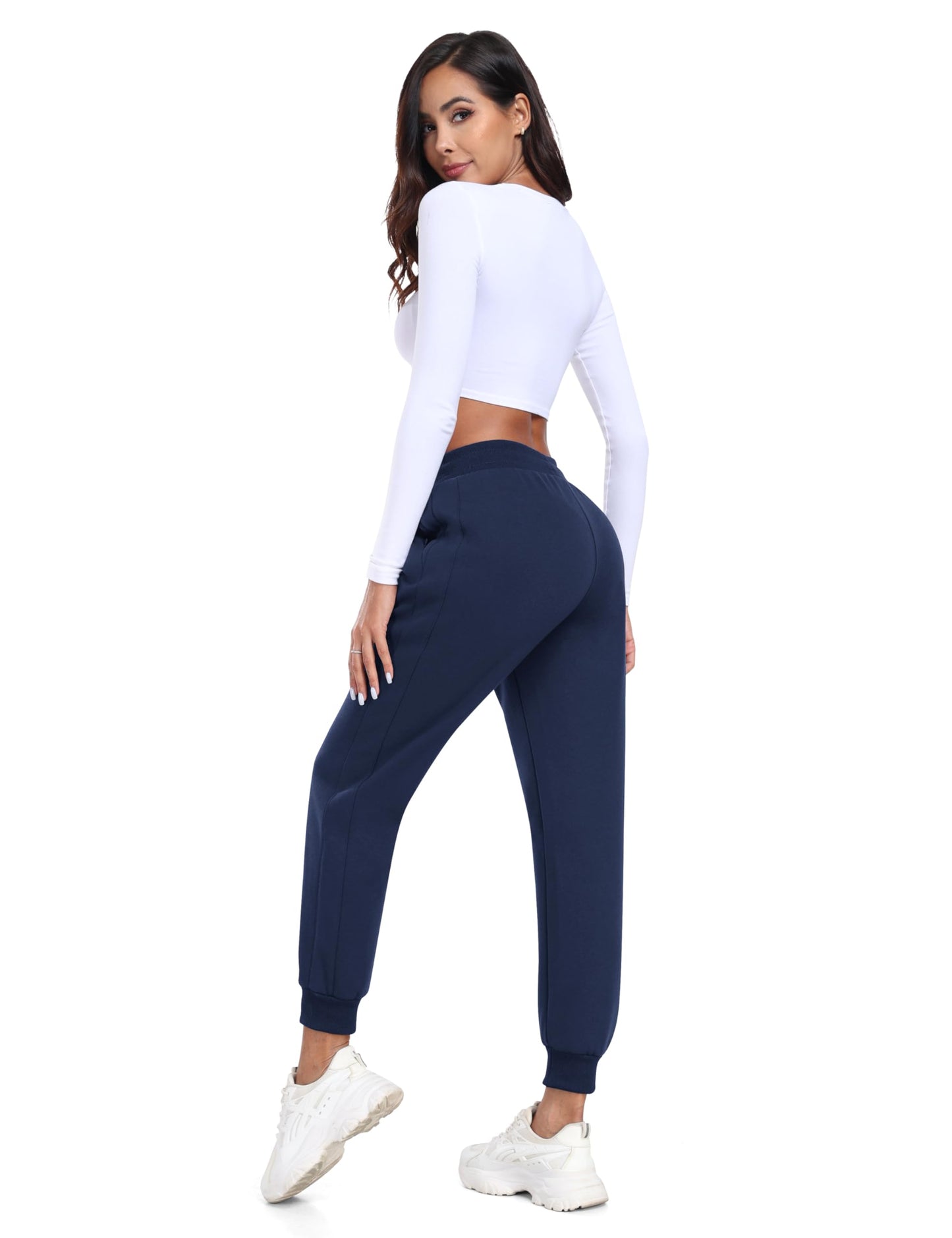 MoFiz Women's Fleece Lined Joggers Thermal Hiking Pants Elastic Waisted Water Resistant Cold Weather Sweatpants with Zipper Pockets Navy L
