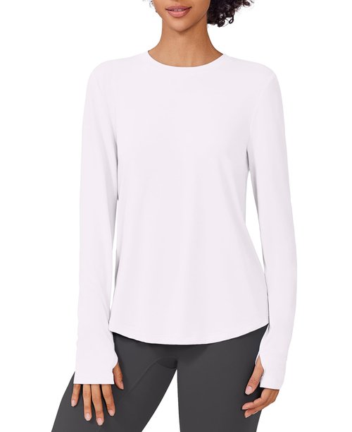 PINSPARK Long Sleeve Workout Tops for Women Soft UV Protection Shirts with Thumb Holes Rash Guard Garden Hiking Gym Running Shirts,White X-Large