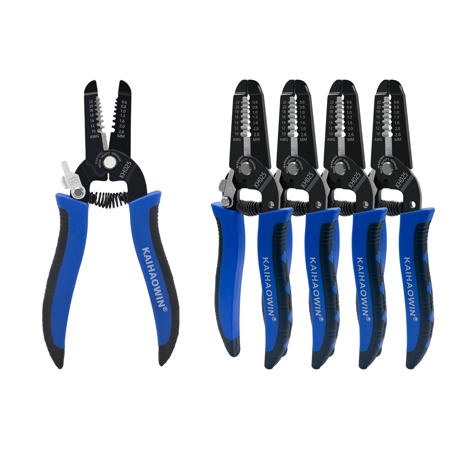 KAIHAOWIN 5 Pack Wire Stripper and Cutter with Safety Lock and Spring Loaded Professional Stripping Pliers Electrican Tool Small Gauge for 10-22 AWG Stranded Wire