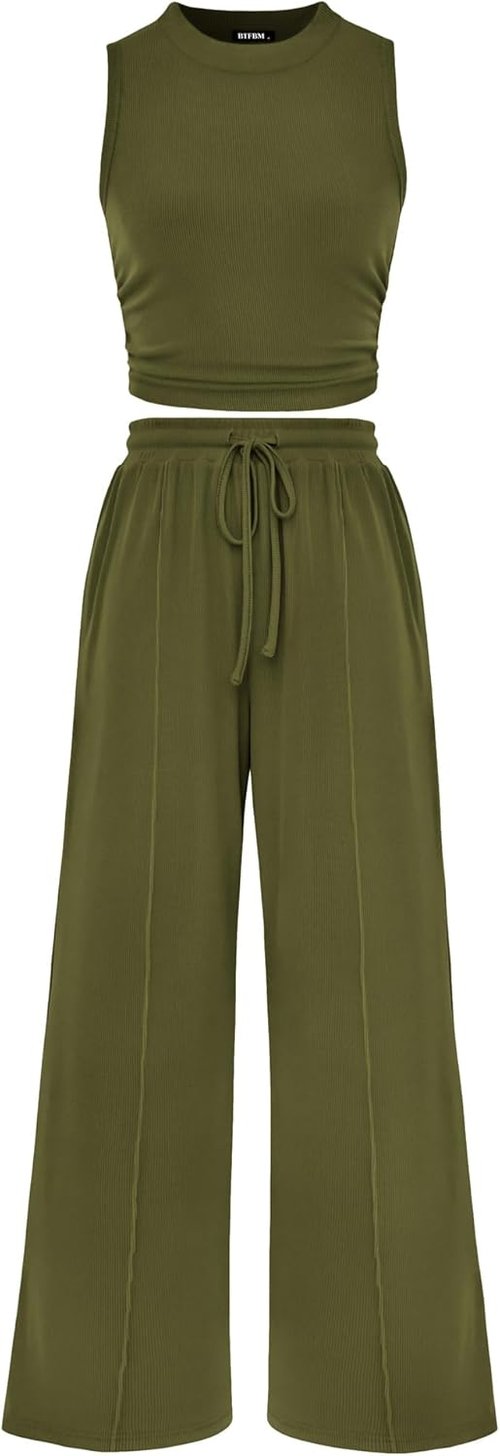BTFBM Summer Outfits | Women's Cropped Sleeveless Tank Top & Wide Leg Pants Set - Beach Lounge Wear
