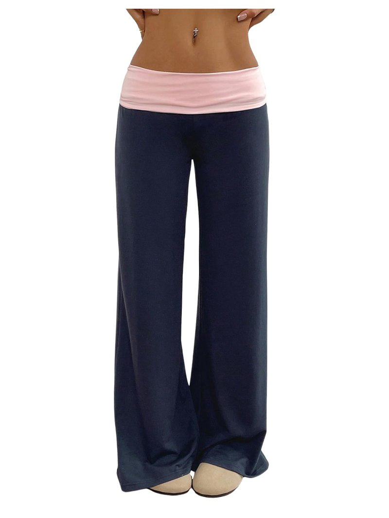 SOLY HUX Women's Sweatpants Color Block Low Rise Fold Over Waist Baggy Wide Leg Pants Dark Blue and Pink Small