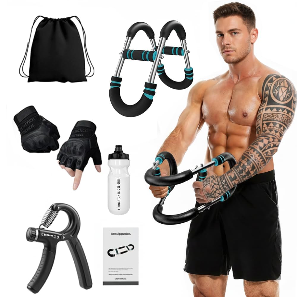 Livingstones Designs 5-in-1 Twister Arm Trainer with Bag, Gloves Pair, Bottle & Hand Gripper, Adjustable Chest Workout Equipment, Arm Trainer for Men, Chest Trainer for Men, Shoulder Muscle Training