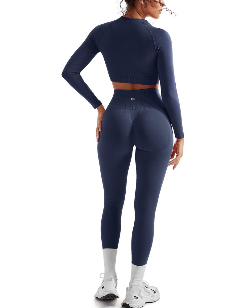 SUUKSESS Women 2 Piece Workout Sets Hidden Scrunch Hip Lifting Seamless Leggings Long Sleeve Yoga Crop Tops High Waisted Yoga Pants Tracksuits (Navy Blue, M)