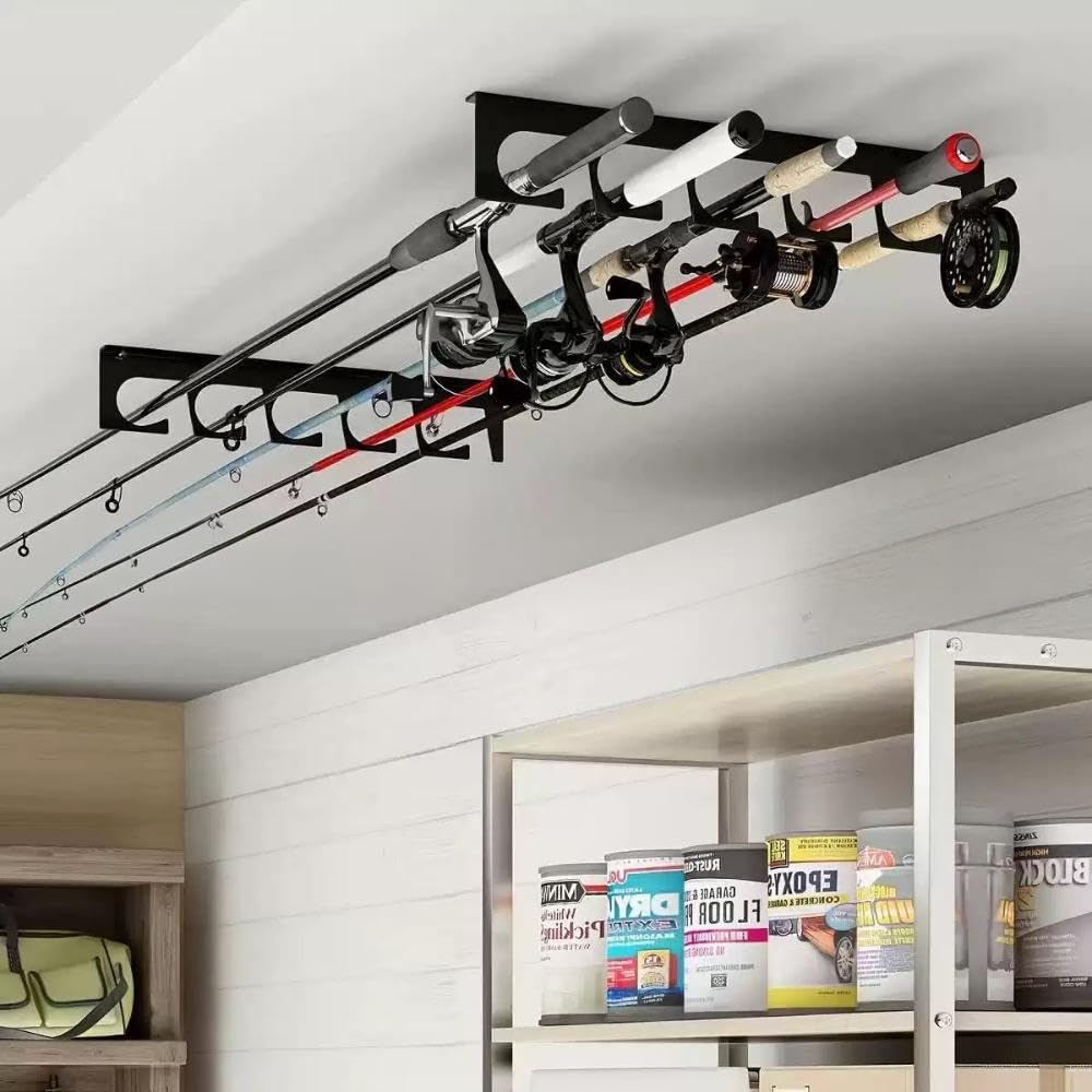Syznoctil Fishing Pole Rod Racks Wall or Ceiling Mounted Fishing Pole Rod Holders for Garage Storage Organizer Fishing Gear Equipment for Men Women